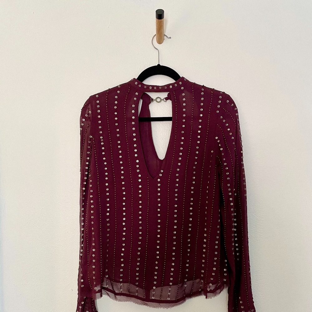 Free People Bohemian Beaded Long Sleeve Maroon Top